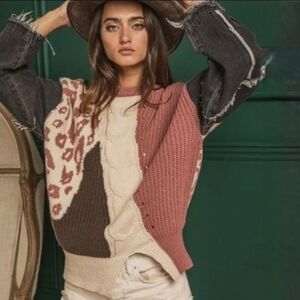 BiBi Denim Sleeve Leopard Sweater Rose Creme Black